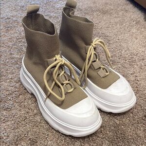 Tan High-Top Sneakers with Chunky White Soles